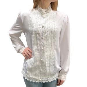 White Long-Sleeve Button Down Lace Blouse